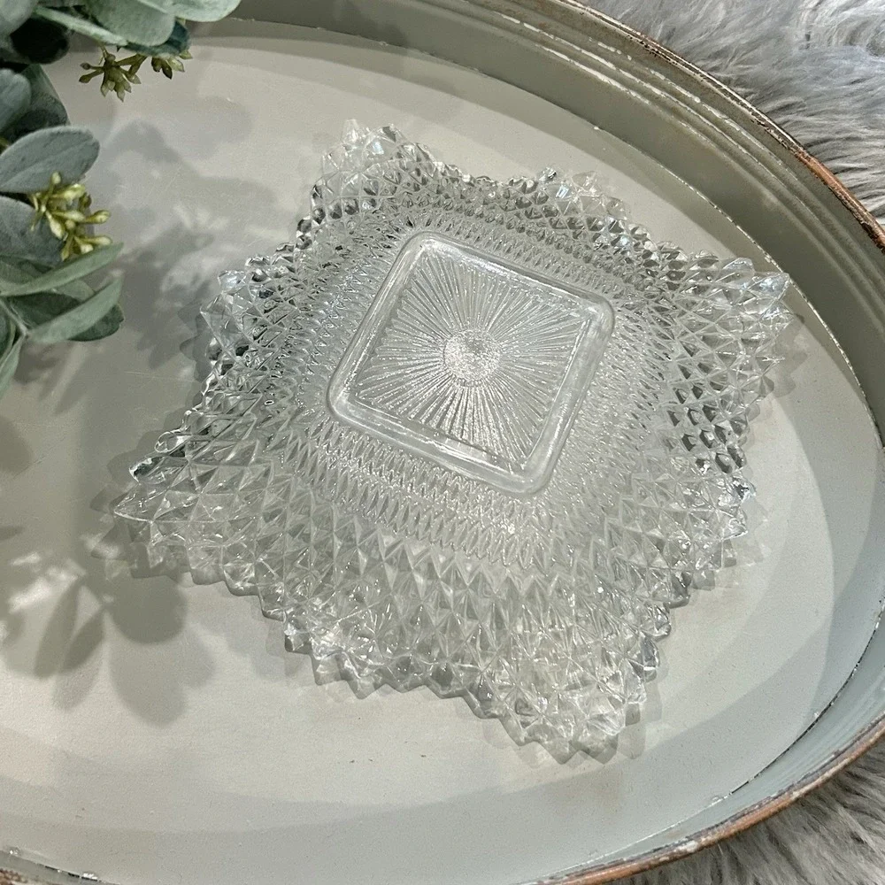 Vintage Indiana Glass Co Diamond Cut Design Square Dish w/ Ruffled Edges
